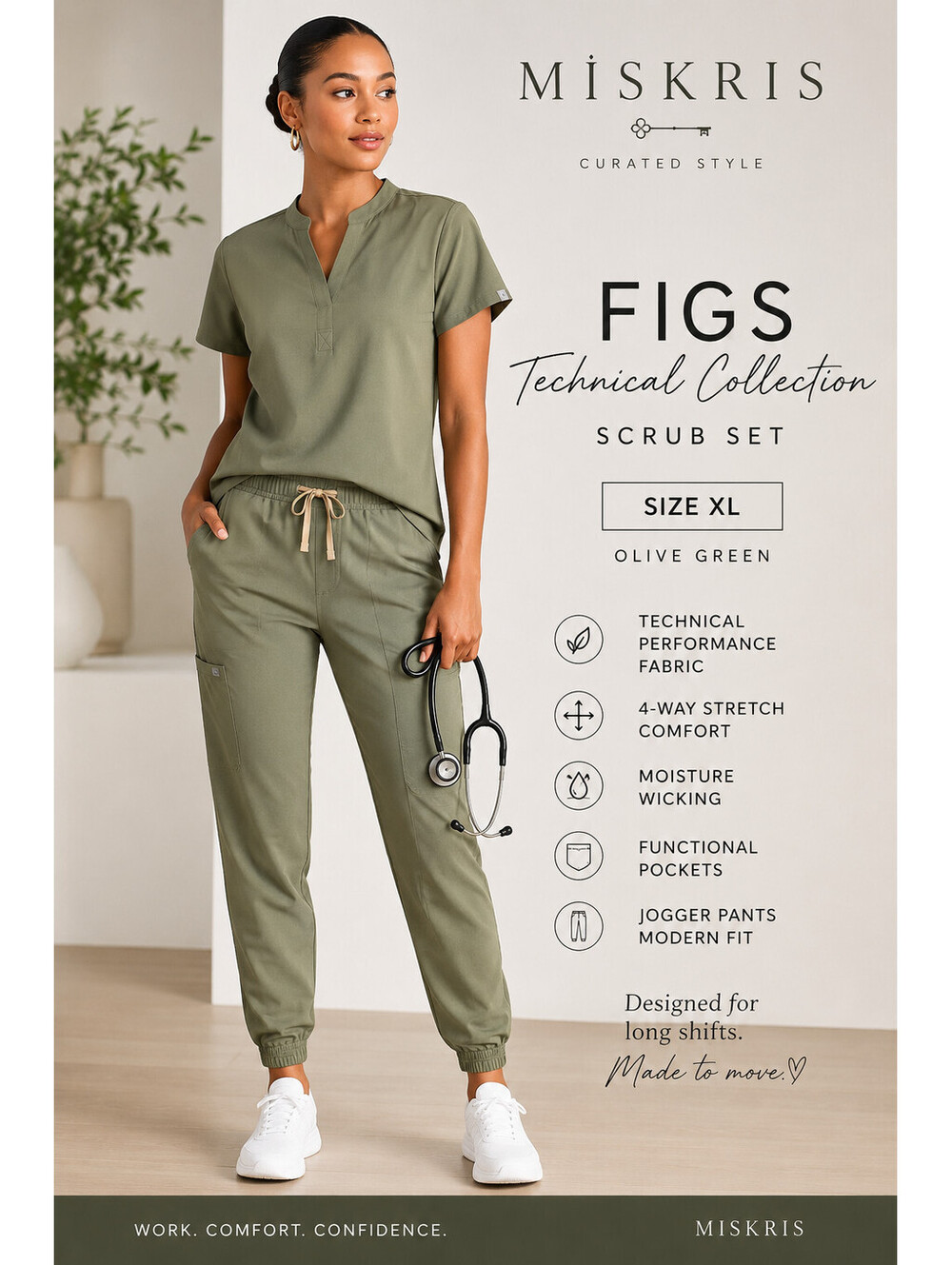 FIGS Technical Collection Scrub Set XL Olive Green Slim Top Jogger Pants NWOT